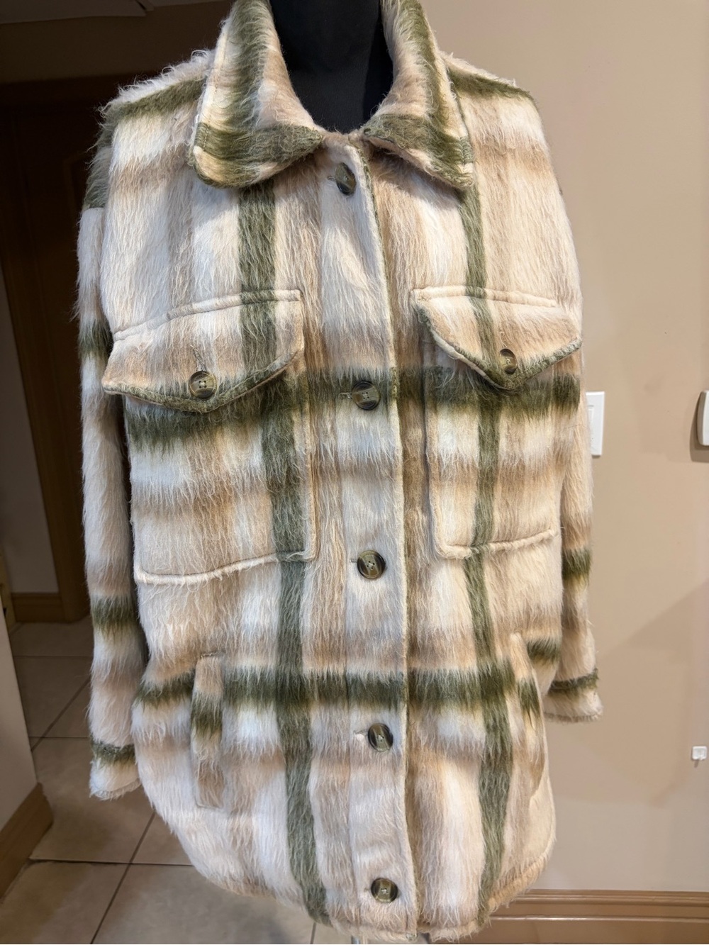 American Eagle Outfitters Beige and Olive Plaid Faux Fur Shacket